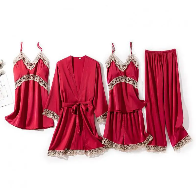 

Women Robe Suit Sexy 5 Piece Sleepwear Faux Silk Pajamas Set Kimono Gown Lace Patchwork Pijamas Bathrobe With Pads Lounge Wear