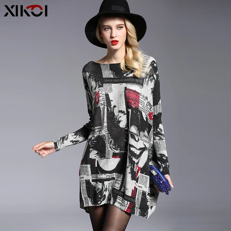 XIKOI Women Oversized Sweater Dress Autumn Pullovers Batwing Sleeve Patchwork Print Slash Neck Pull Femme Knitted Sweaters | Женская