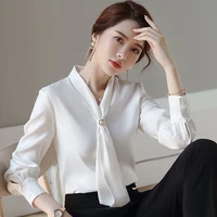bow beading elegant chiffon shirt office lady fashion casual all match blouse commuter basic solid v neck chic womens blouses