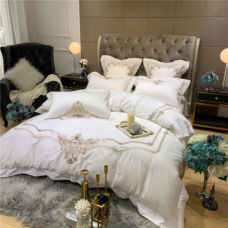 J2 1000TC Египетский хлопок бежевый Вышивка Постельное белье комплект с