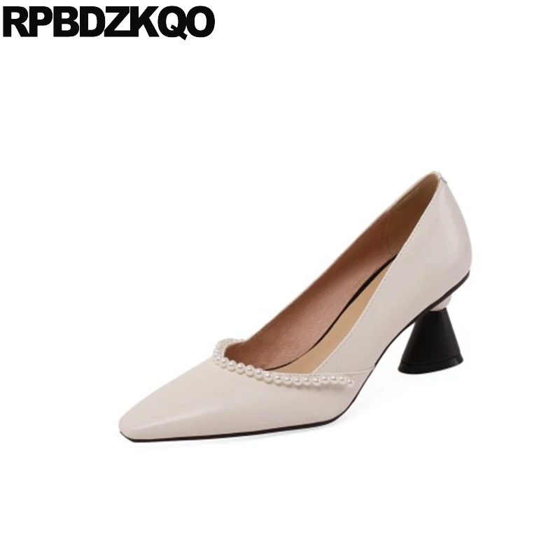 

Abnormal Ivory Shoes Wedding Pointed Toe Women Beige Genuine Leather High Heels Pearl Strange Thick Suede Girls Bridesmaid Pumps