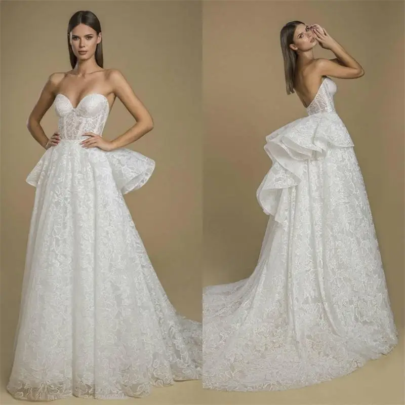 

Country Style Sexy Full Lace A Line Wedding Dresses Sweetheart Appliqued Bridal Gowns Tiered Tulle Sweep Train Wedding Dress
