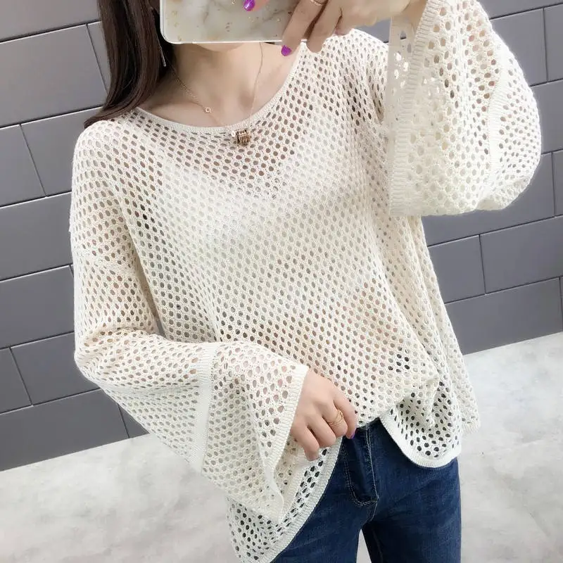 

Женская вискозная футболка с круглым вырезом, Свободный вязаный однотонный пуловер с длинным рукавом, тонкая модная повседневная футболка ...