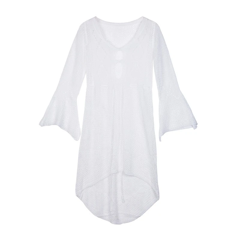 

2021 Beach Cover Up Crochet Knitted Tassel Tie Beachwear Tunic Long Pareos Summer Swimsuit Cover Up Sexy See-through Beach Dress