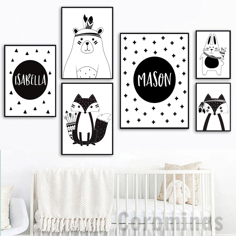 Черно белый мультяшный медведь кролик детская кроватка настенный постер на