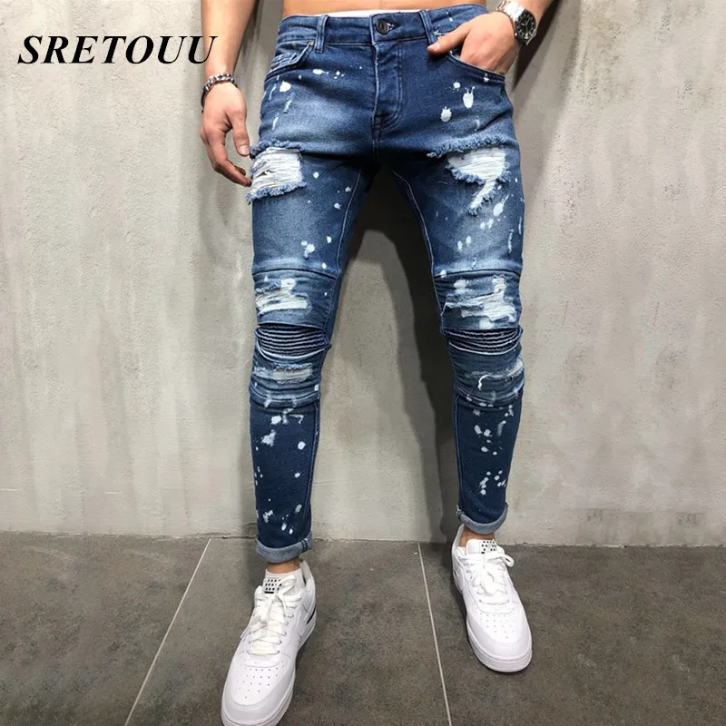 

SRETOUU New Slim Fit Ripped Jeans Men Hi-Street Male Distressed Denim personality male Knee Holes Washed denim pants