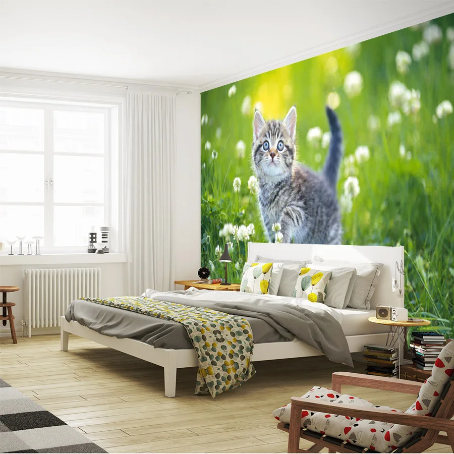 Cute Cat Wallpaper Custom 3D Wall Mural Kitten in Flower Field Photo Wallpaper Pet shop Kids Girls Bedroom Living Room Decor