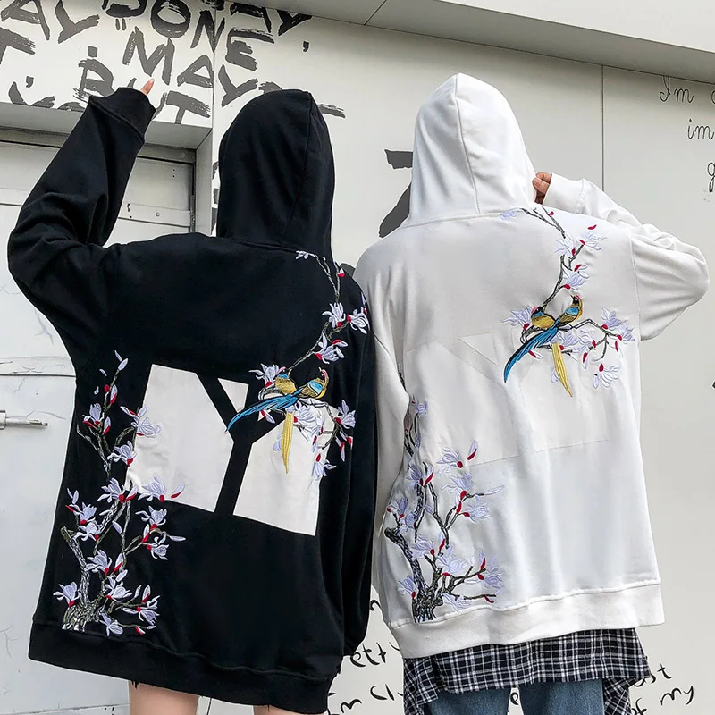 Толстовка с капюшоном вышивкой радужные птицы в цветочек японский Harajuku