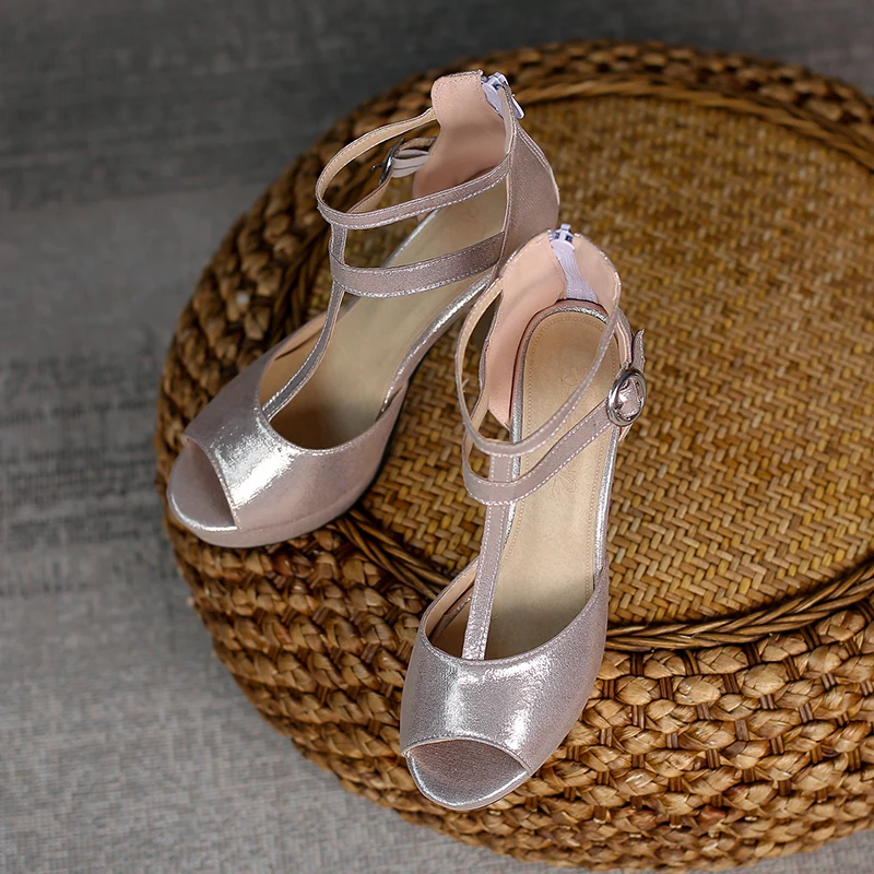 

Bright Metal Color Fish Mouth High-Heeled Shoes Platform T-Shaped Ankle Buckle Elegant Sandals Orange-Red Women's Shoes