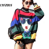 autumn turtleneck rainbow stripes sweaters women streetwear miss print knitted pullovers ladies bow knot loose jumper tops
