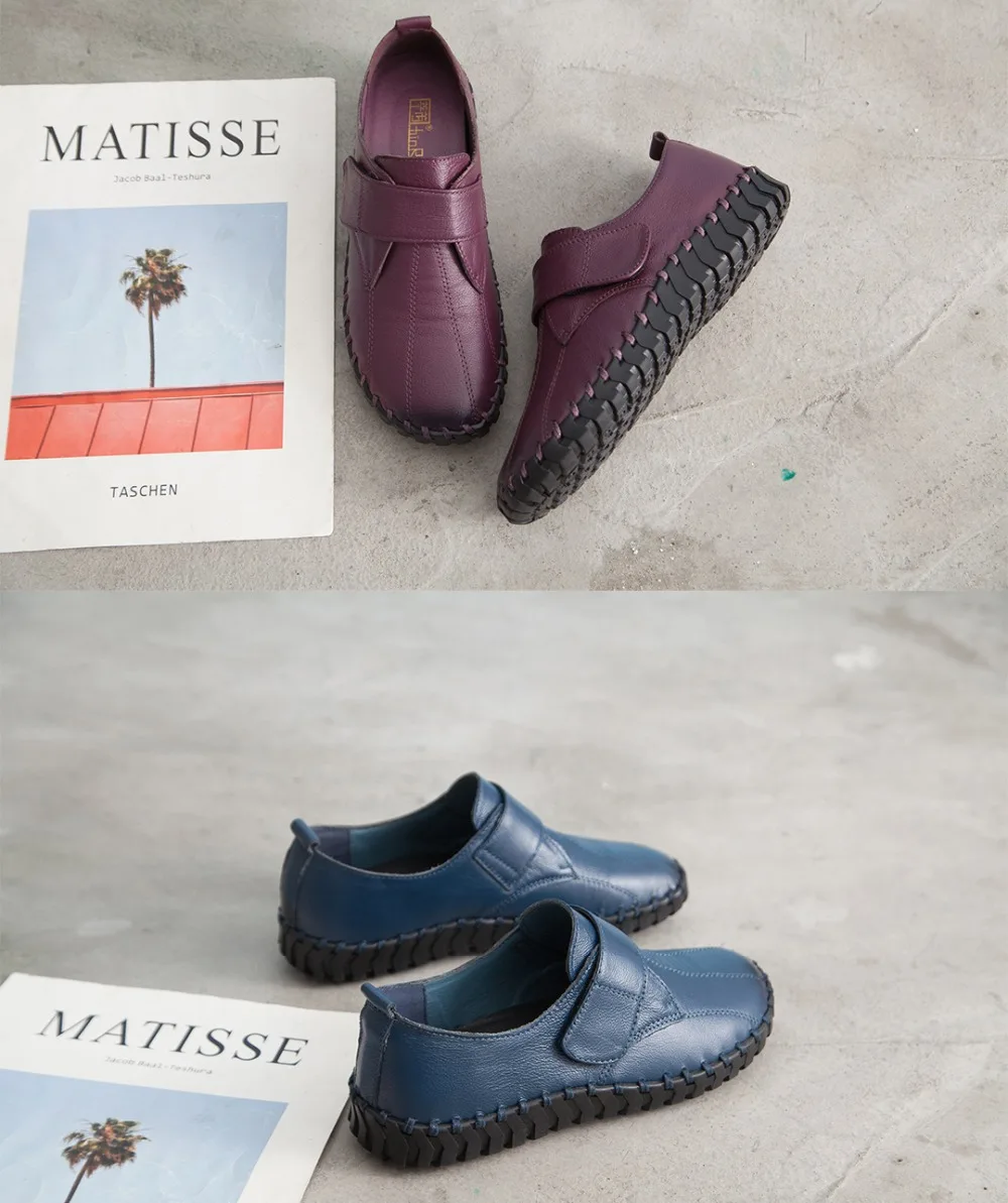 Spring Ladies Genuine Leather Handmade Shoes Women Hook&Loop Flat Shoes Women Autumn Soft Loafers Flats