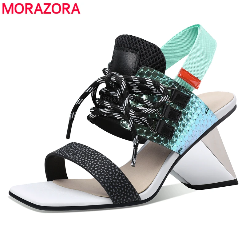 

Женские босоножки из натуральной кожи MORAZORA, черные босоножки из натуральной кожи на необычном высоком каблуке, лето 2019