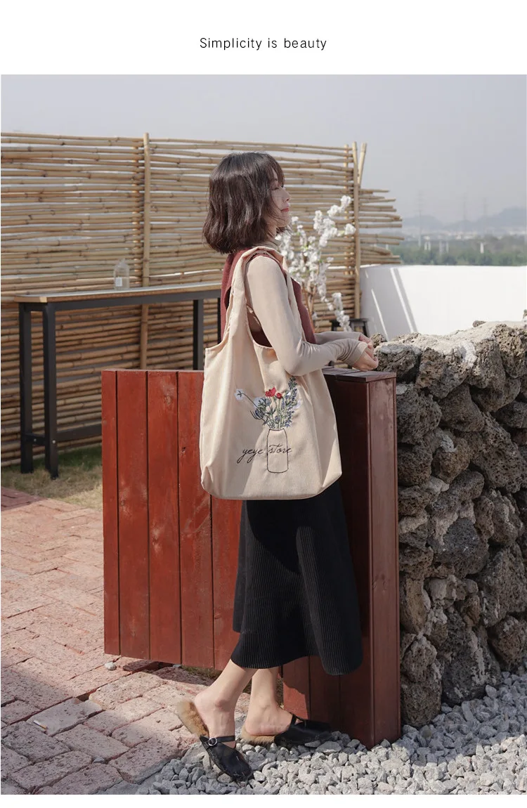 New Women Corduroy Shoulder Bag Ladies Embroidery Canvas Shopping Bags Female Eco Cotton Cloth Handbag Foldable Tote
