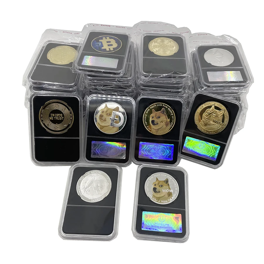 Dogecoin/Bitcoin/ETH/Litecoin/Dash/Ripple/Monero/EOS Metal Physical Silver/Gold Ada Cardano Coin with Acrylic Case Mome design