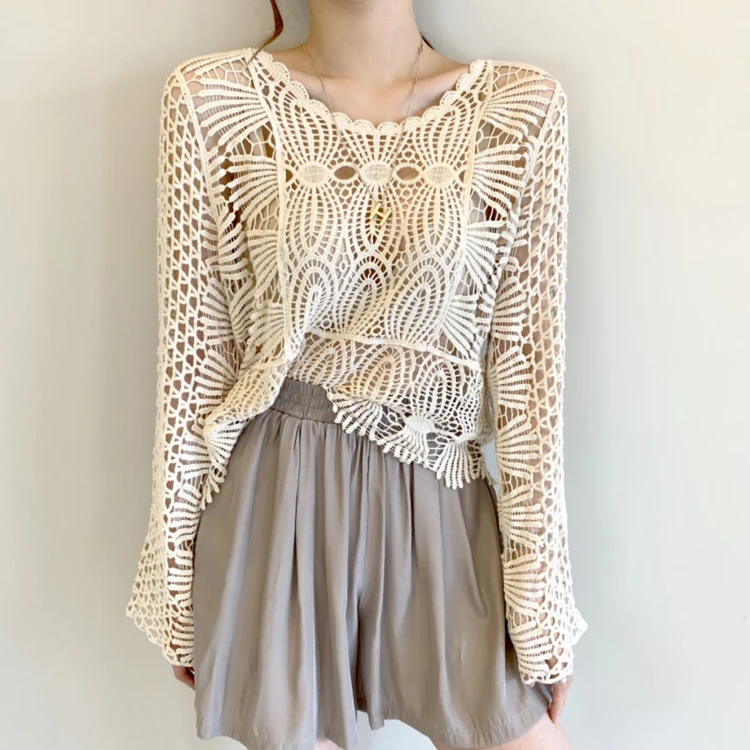 

Korean chic fried chicken gentle round neck heavy lace crochet hollow design sense versatile long-sleeved sunscreen shirt women