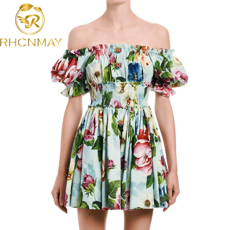 

Runway Women Off Shoulder Print Ruffles Buttons Pocket Elastic Waist Beach Boho Dress Summer Puff Sleeve Rose Floral Short Dress