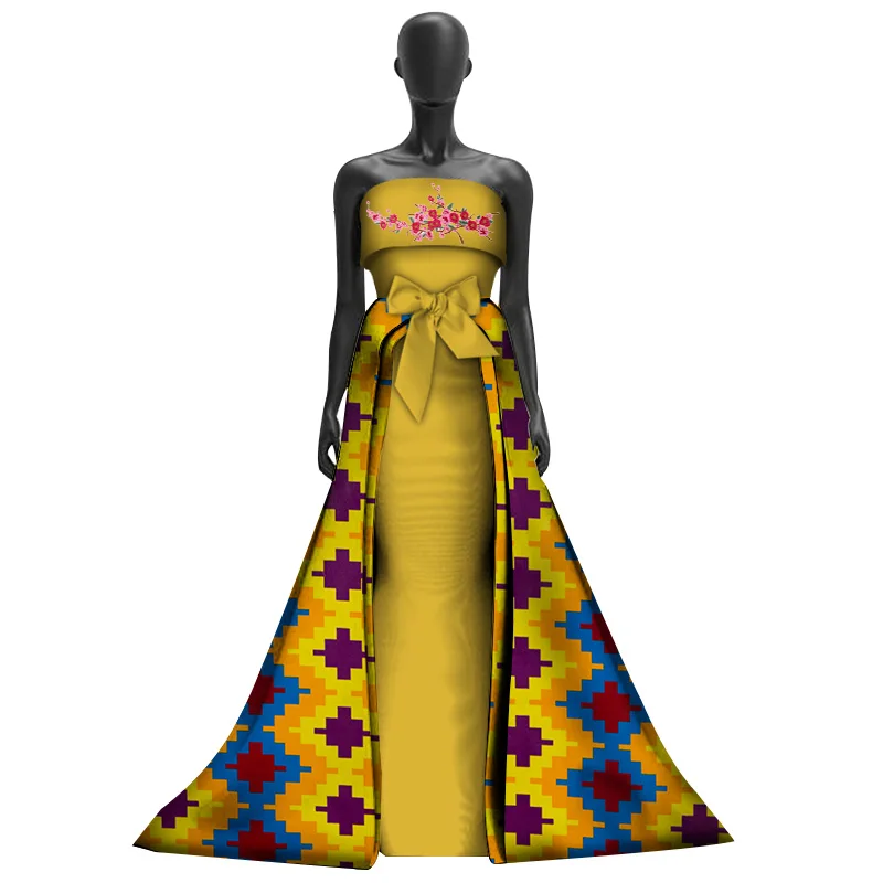 Women Applique Long Trailing Dresses Bazin Riche African Bowknot Print Off Shoulder Dresses for Women African Clothing WY3019