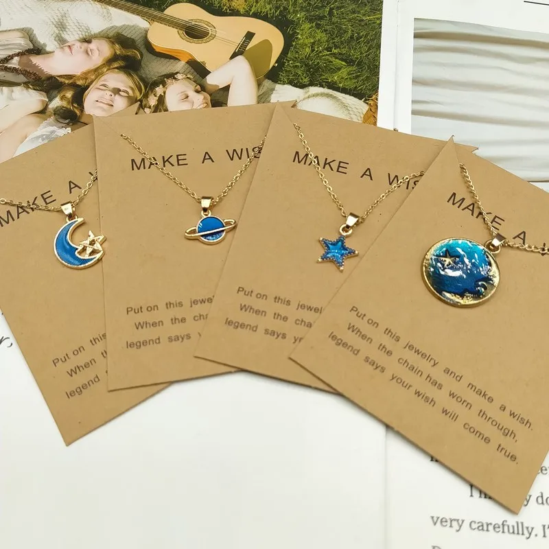 

New Fashion Choker Necklace Blue Enamel Star Moon Planet Pendant Necklaces for Women Jewelry Trendy Clavicle Chain Wholesale