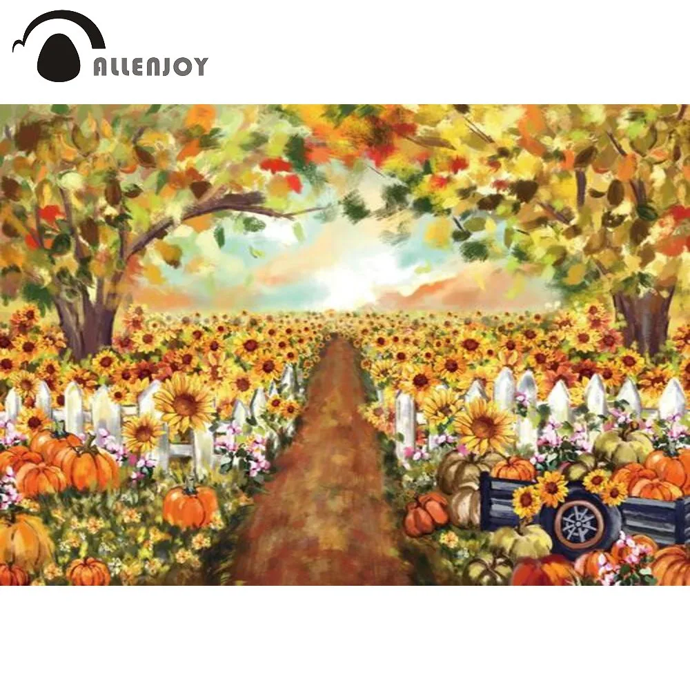 Allenjoy Oil Painting Autumn Backdrop Sunflower Pumpkin Fall Leaves Halloween Farm Rural Photography Photoshoot Studio Banner