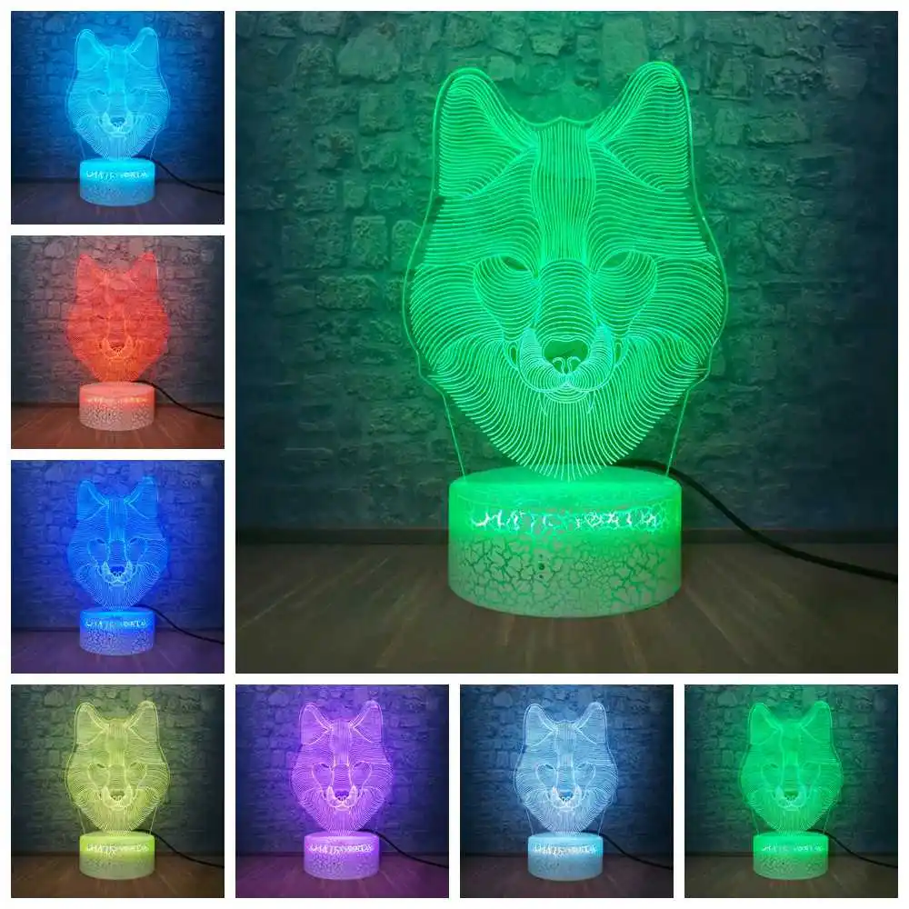 3D Светодиодная лампа с изображением животного волка ночник светильник 7 цветов