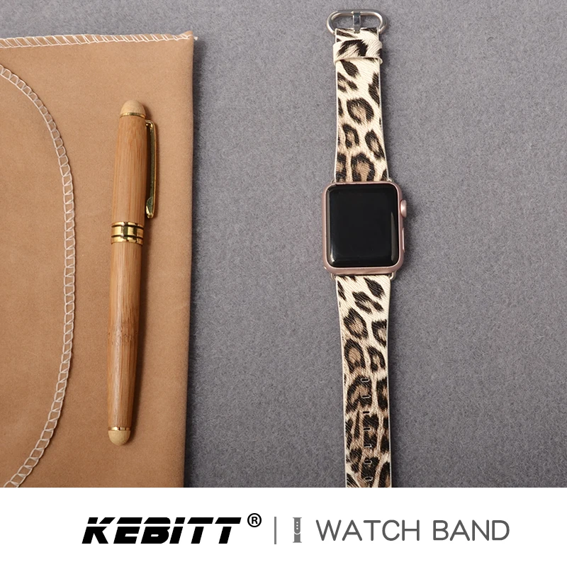 Ремешок Kebitt кожаный для Apple Watch 42 мм 38 40 44 цветной браслет с леопардовым принтом