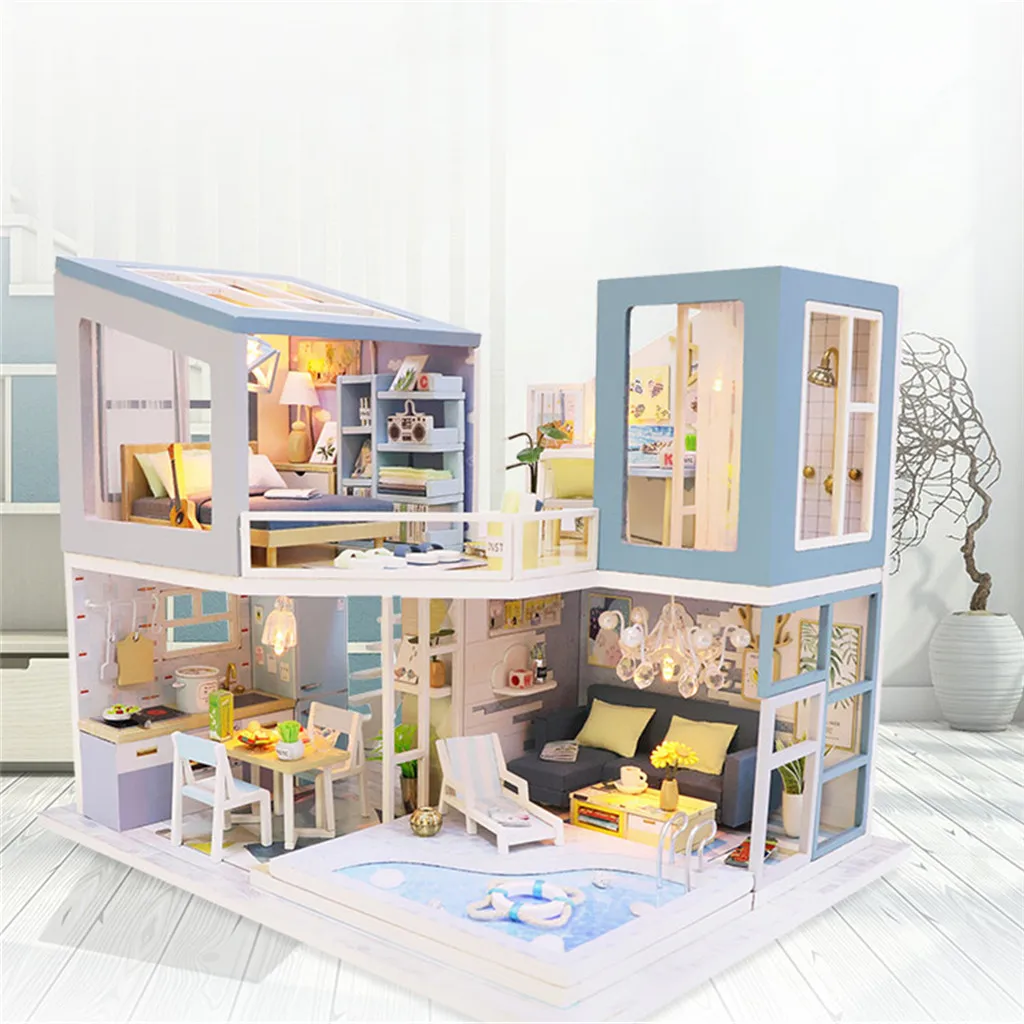 

doll house accessories 3D Wooden DIY Miniature Doll House Seaside Villa Decorate Kids Toy Crafts 15ML doll house accessories