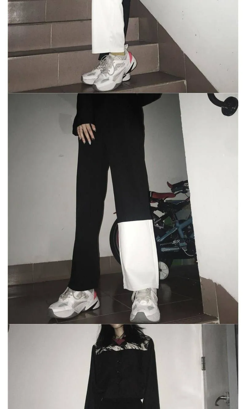 Harajuku черный белый цвет контрастные штаны пэчворк женские длинные брюки с высокой