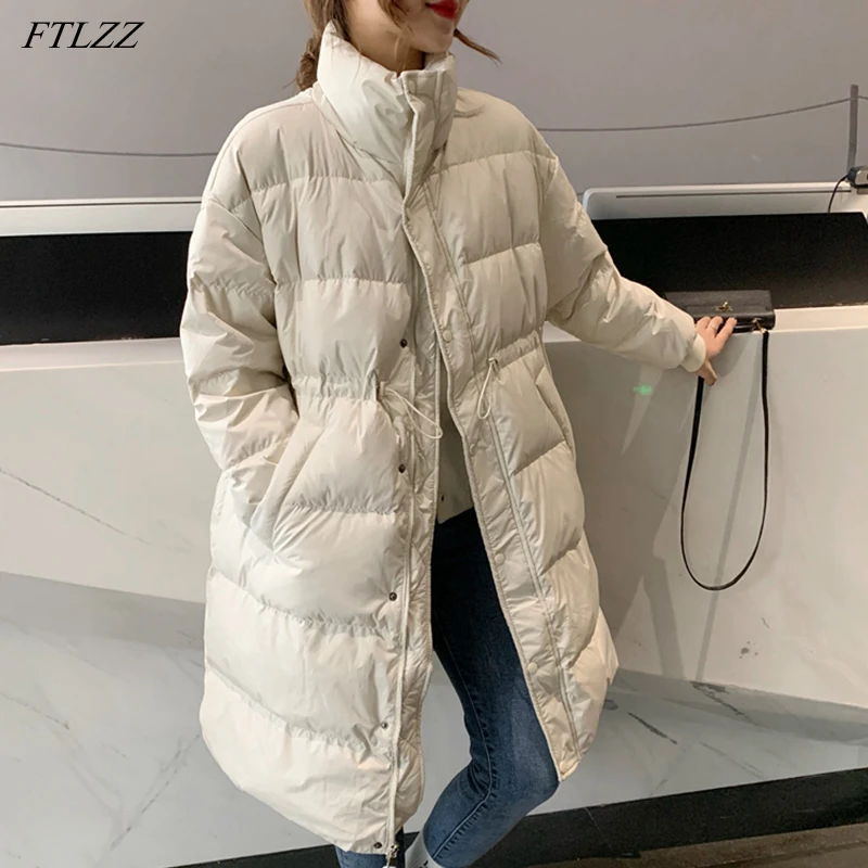 FTLZZ Winter Women 90% White Duck Down Midi Long Jacket Warm High Waist Light Feather Coat Loose Soft Outwear Waist Retractable