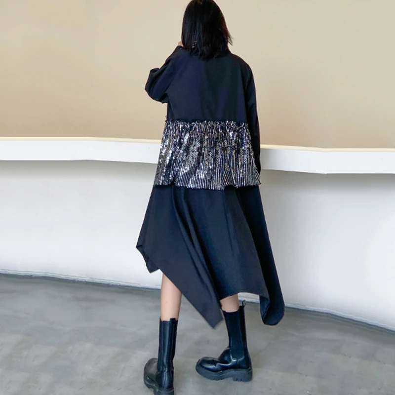 

SeeBeautiful Simple Lapel Long Sleeve Patch Sequined Irregular Large Size Dress Woman Summer 2021 New Tide Fashion T558