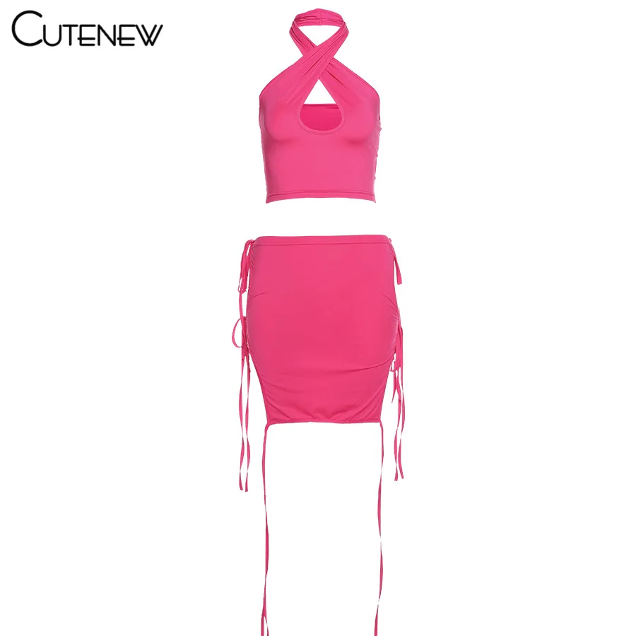 

Cutenew Sexy Hollow Out Backless Bandage Solid Camisole And Mini Skirt Women Two Piece Set 2021 Summer Street Vacation Lady Suit