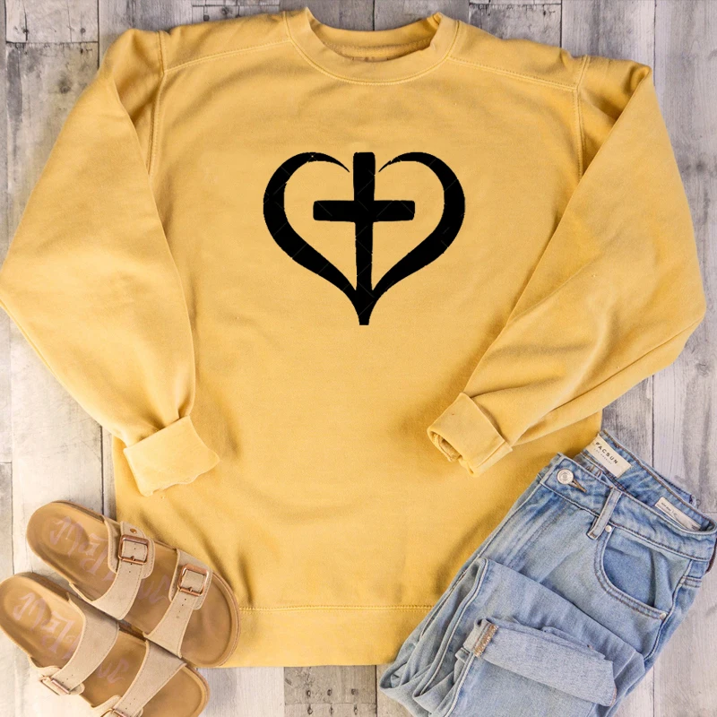 

Cross Religious heart graphic women fashion religion Christian Bible baptism young hipster simple pure cotton sweatshirt tops