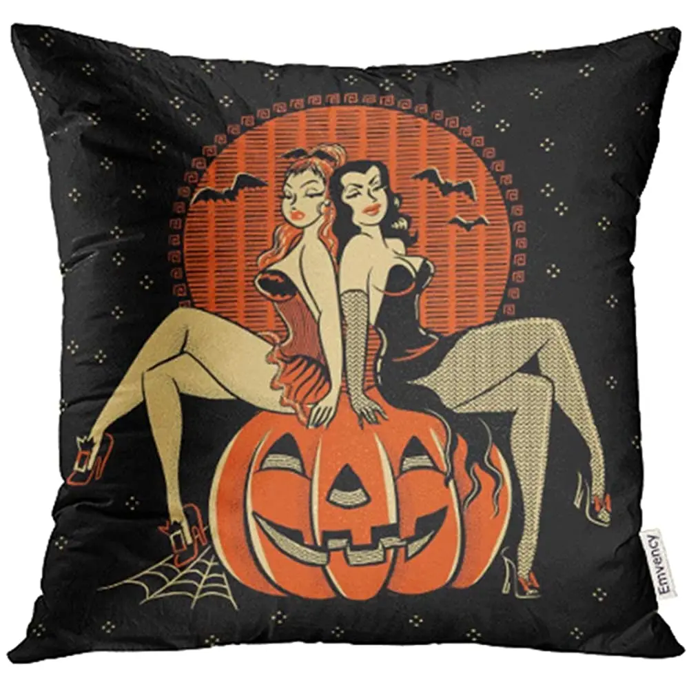 

Emvency Decorative Throw Pillow Case Cushion Cover Vintagestyle Line of Spooky Halloween Glamour Twins Sitting on Carved