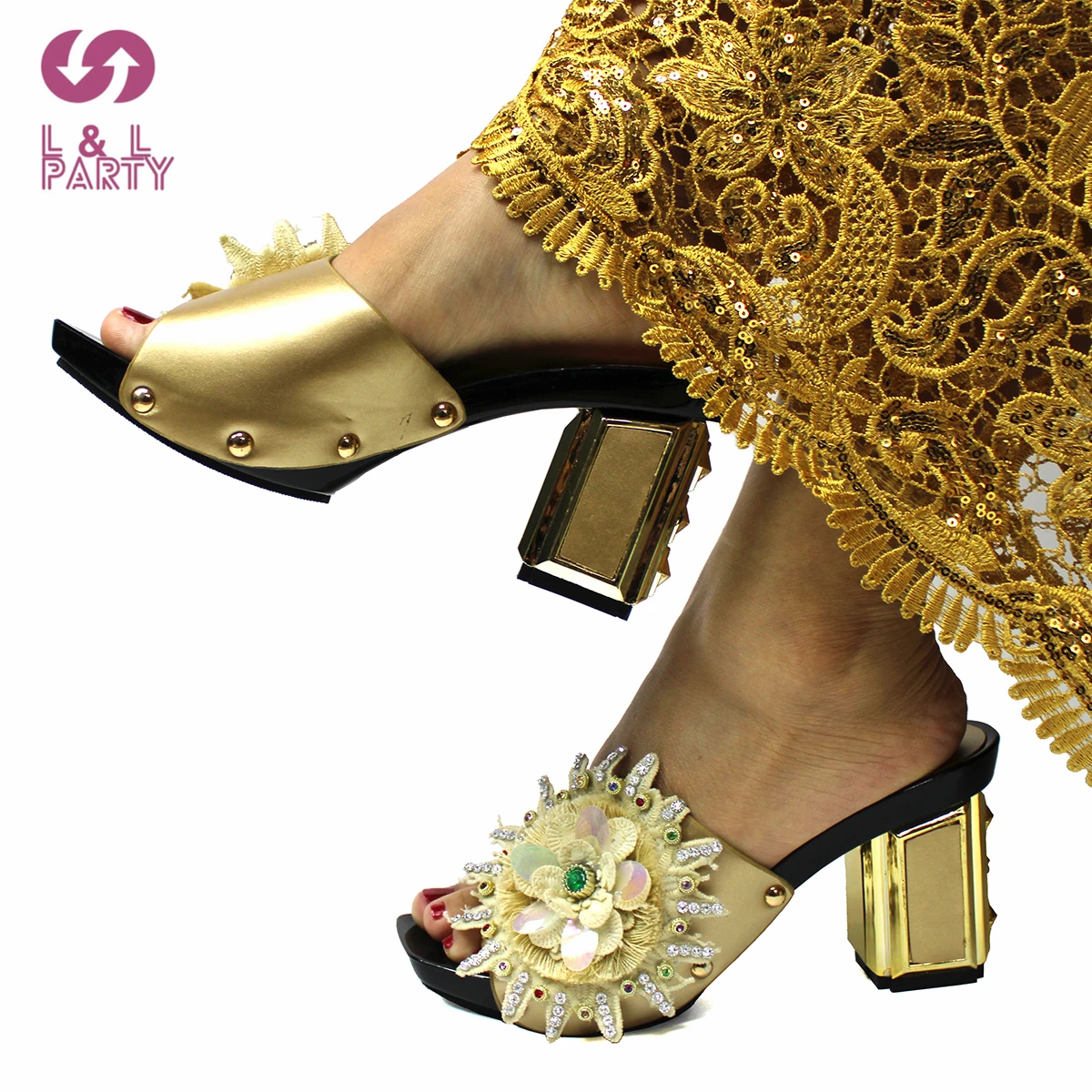 

Летние Новые поступления 2021, туфли с открытым носком золотого цвета на квадратном каблуке, удобные тапочки с блестящими кристаллами для сада