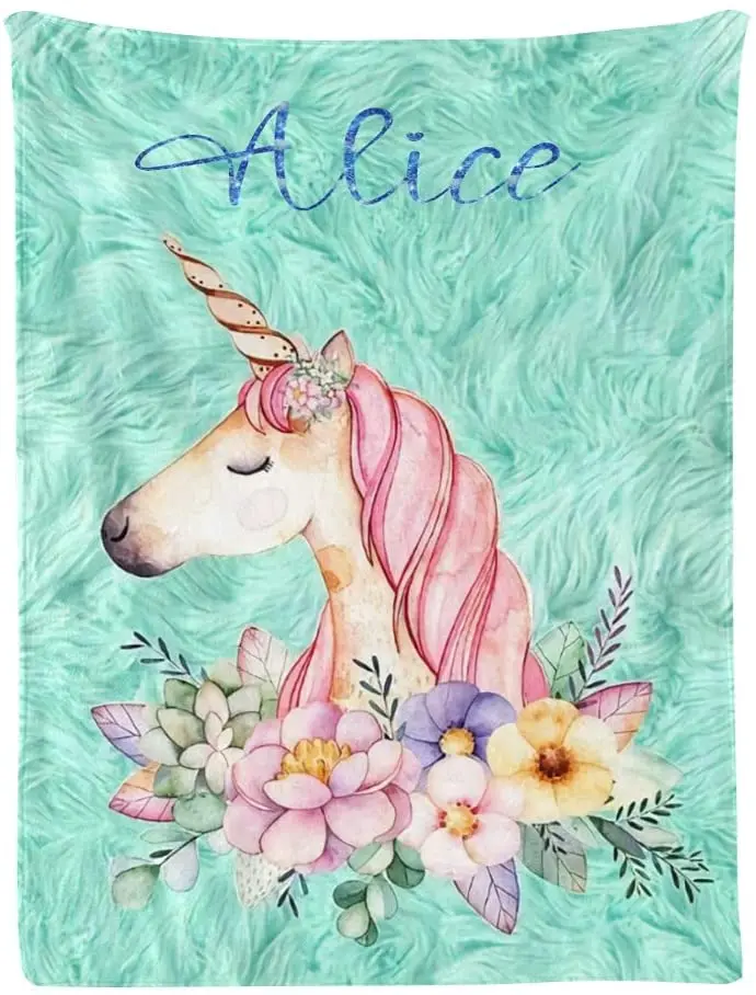 

Flower Floral Unicorn Personalized Throw Blankets with Name Soft Fleece Blanket for Boy Girl Pet Gift 30x40 Inches