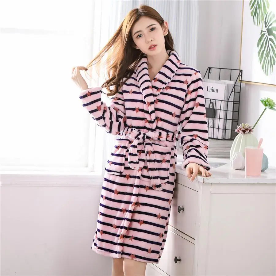 Неглиже женский халат фланелевая ночная рубашка зимний интимное нижнее белье кимоно Халат коралловый флис Ночная одежда теплая домашняя одежда - Цвет: Pink black