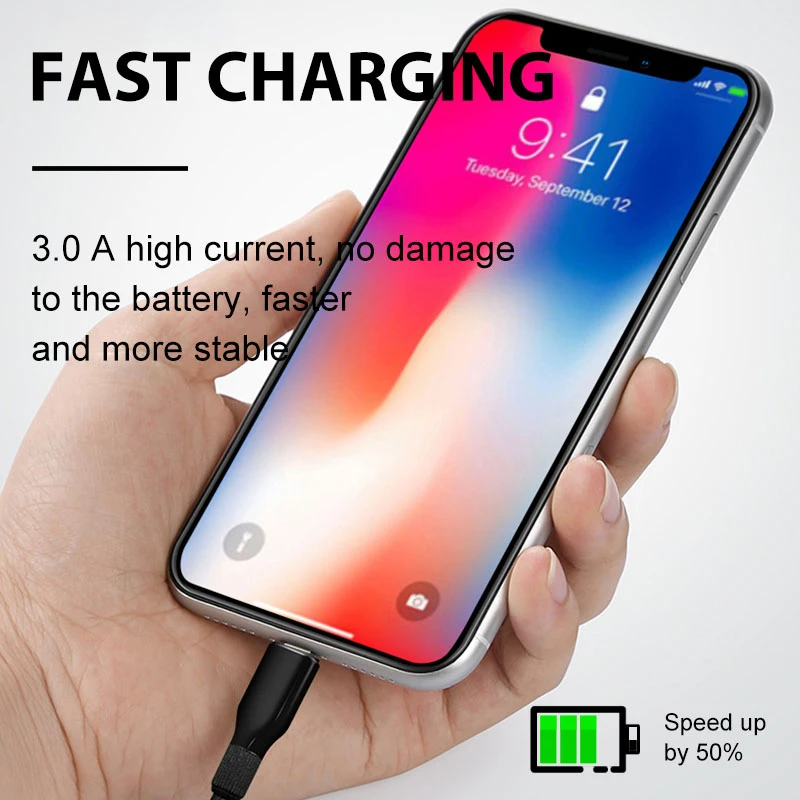 USB-кабель iONCT 3A для быстрой зарядки и передачи данных iPhone X XR XS Max 8 Plus 7 6 iPad 1 м TPE шнур