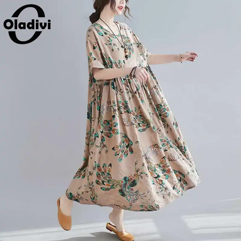 

Женское пляжное платье Oladivi, длинное платье большого размера с принтом в стиле бохо, летнее, повседневное, большого размера