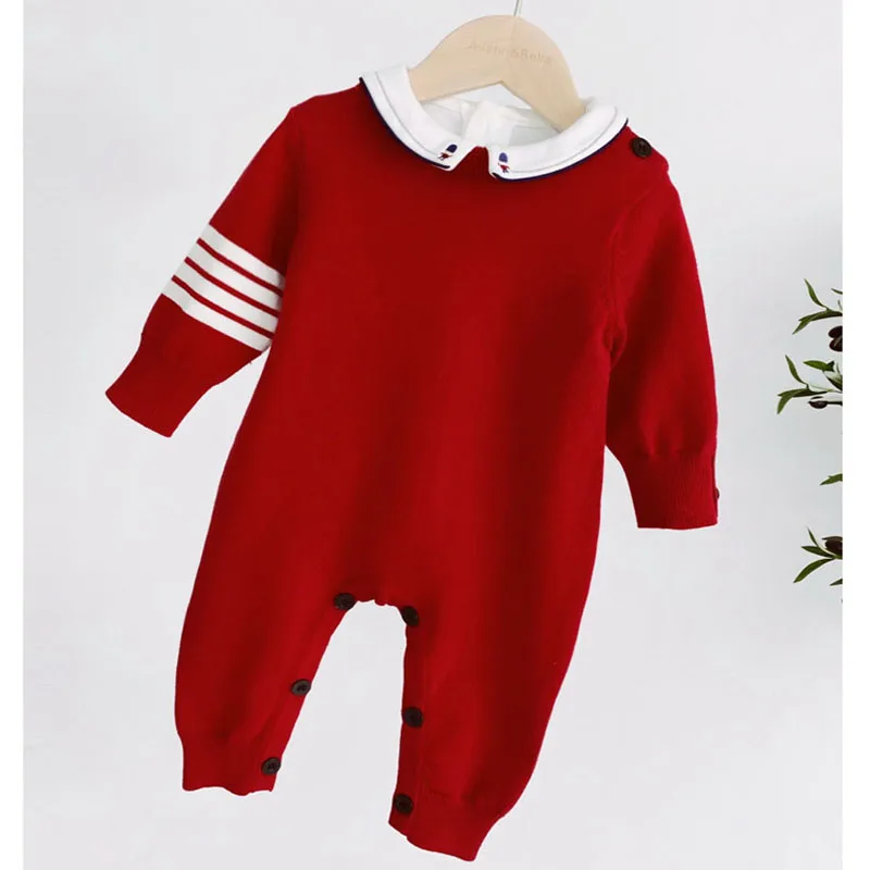 

3-24M Infant Jumpsuit Kids Knitted One-Piece Romper Baby Boys Red Cotton Sweater Child Long Sleeve Hedging Outing Clothes
