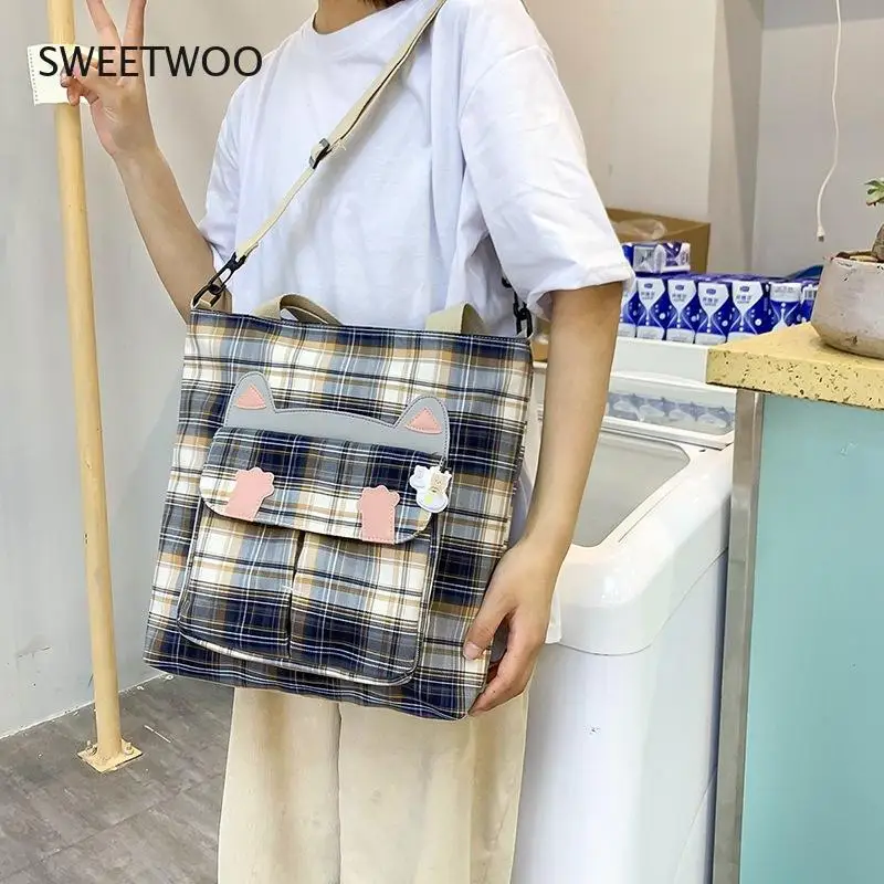 Plaid ladies shoulder bag soft cloth fabric handbag large capacity cotton bow canvas bag beautiful girl