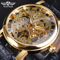 winner transparent skeleton dial design mechanical watch golden fashion business watch leather band luminous hand wristwatch