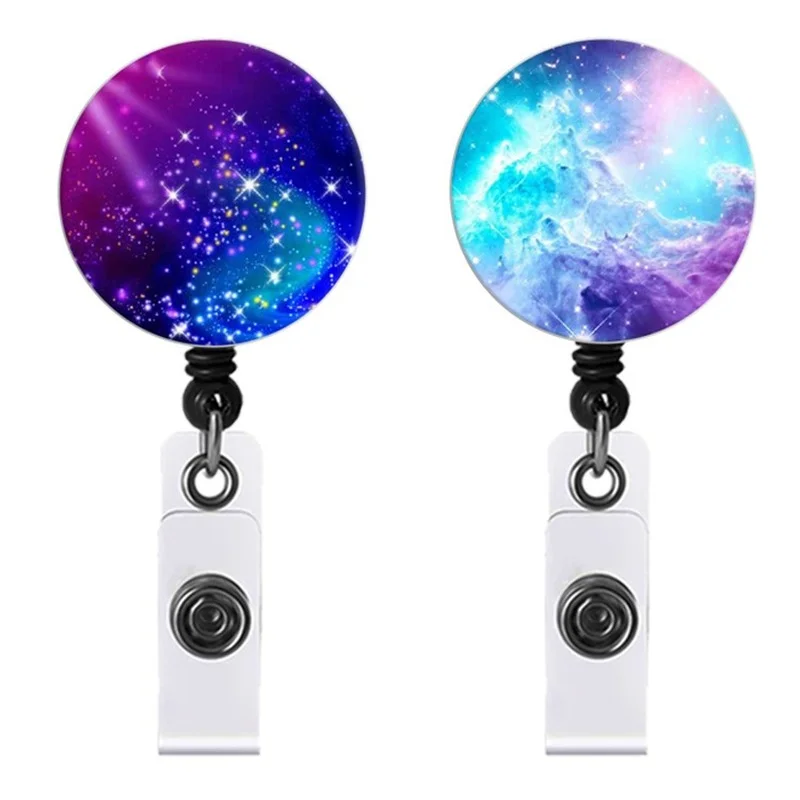 3D Flower Nebula Pattern Retractable Nurse Name Badge Reel ID Tag Lanyard Staff Employee's Pass Work Card Accessories Clip Reel