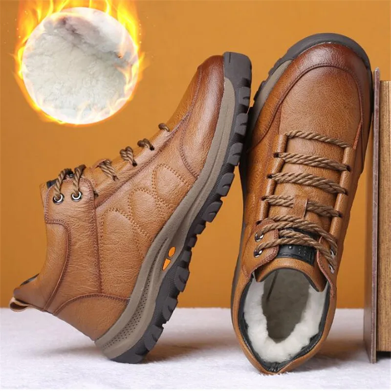 

Winter Warm Men Boots Split Genuine Leather Fur Plus Men Outdoor Snow Boots Handmade Waterproof Working Ankle Boots Botas Mujer