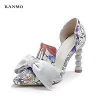 women pumps white full genuine leather printing bow pointed toe strange high heel stiletto woman party shoes 34 43 2021 summer