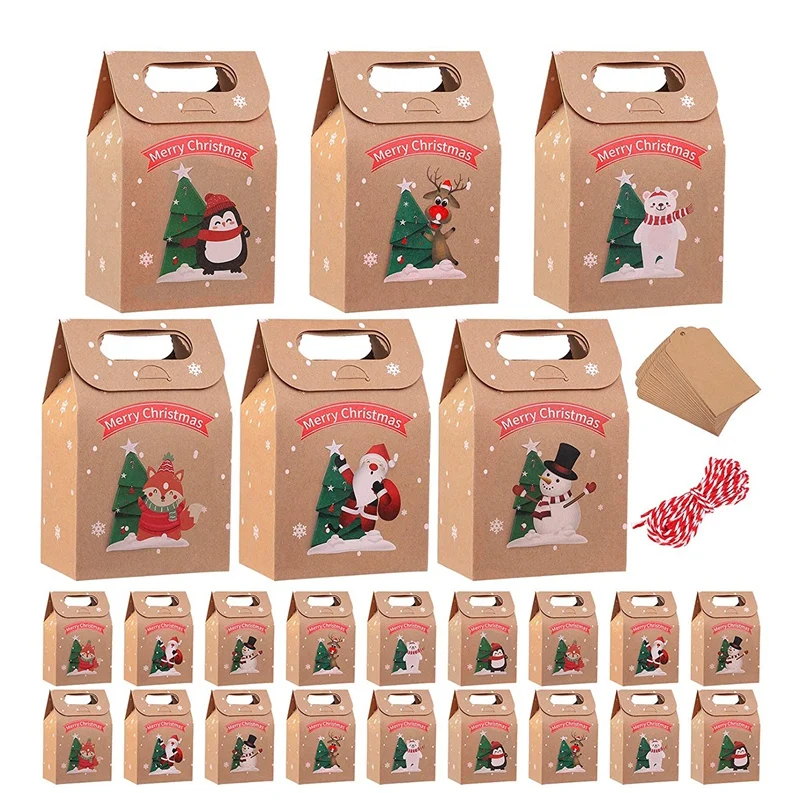 

24 набора, рождественские сумки, 7-дюймовая упаковочная коробка, рождественские коробки из крафт-бумаги для рождественских украшений