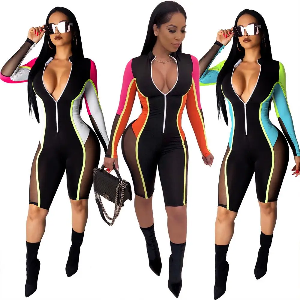 

ZITY Sexy Print Women Playsuits Patchwork Mesh Colorful Jumpsuits Turtleneck Zippers Front Short Jumpsuit High Street Bodysuit
