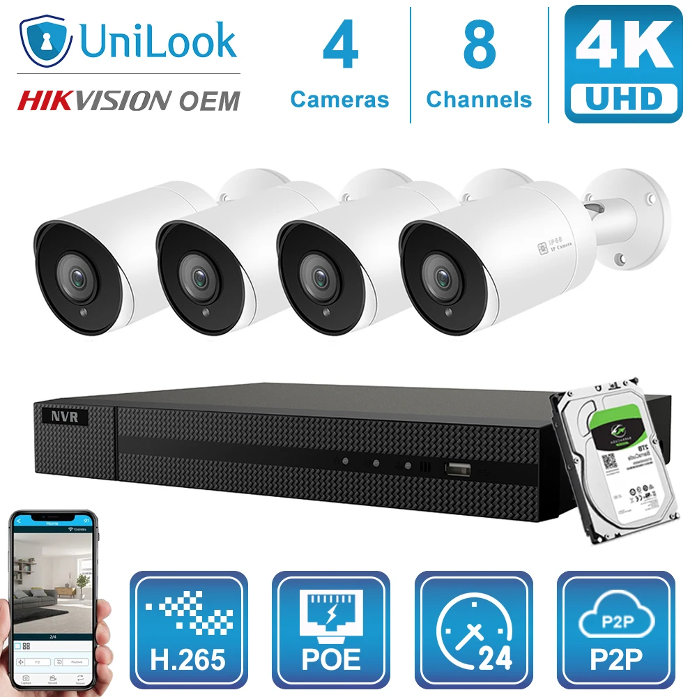 4 Bullet Cams Kit Hikvision OEM 8CH 4 к NVR 8MP пуля POE IP Камера 4/6/8 шт. открытый системы безопасности ONVIF H.265 CCTV NVR Наборы с 1/2/4 ТБ HDD - Цвет: 4 Bullet Cams Kit