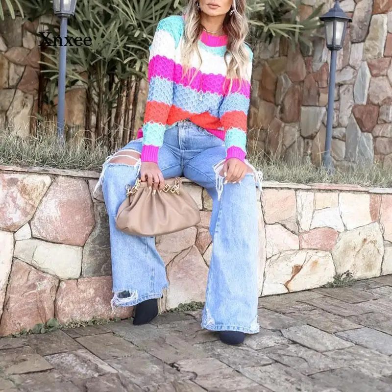 Женский трикотажный пуловер в полоску Свободный с круглым вырезом и длинным