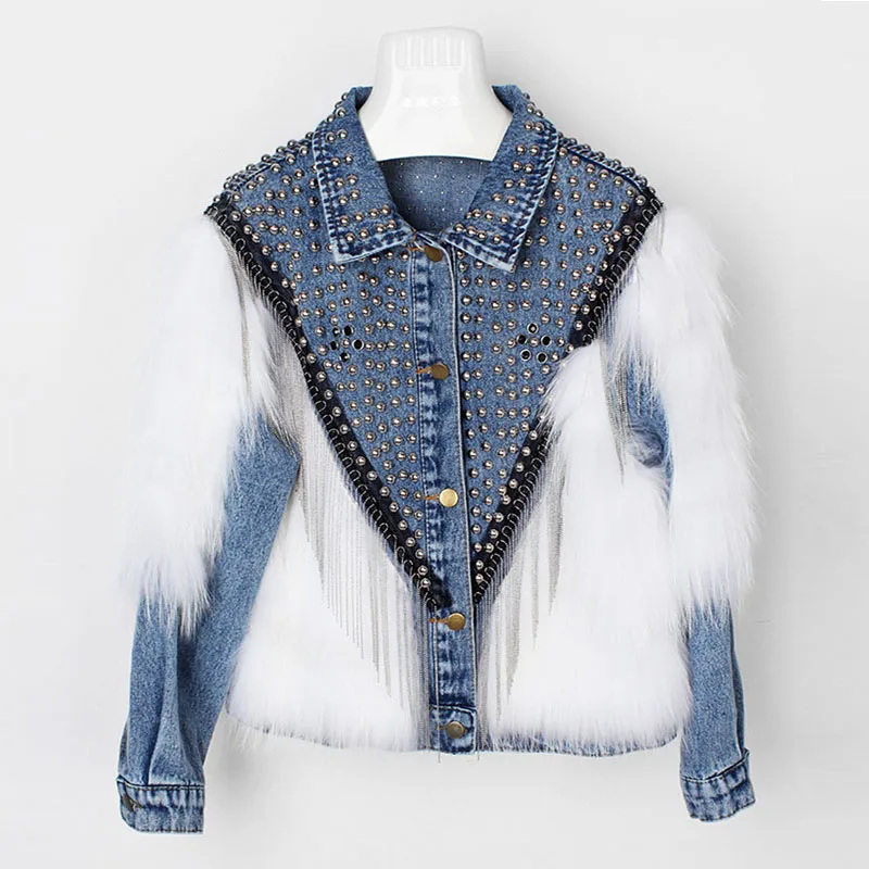 Женская короткая куртка из джинсовой ткани теплая Толстая с бахромой