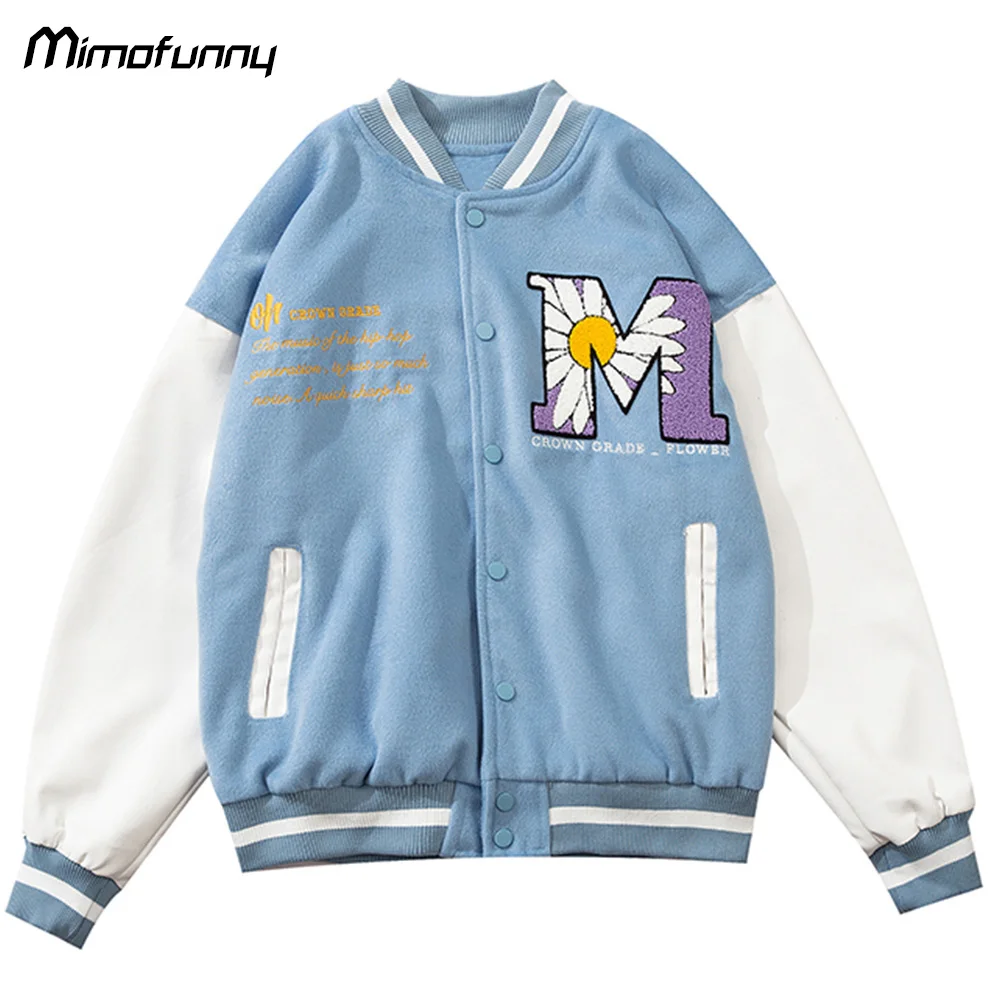 

Jacket Men Furry Daisy Flower Patch Letter Embroidery Leather Patchwork Baseball Coats College Style All-match Couple Streetwear