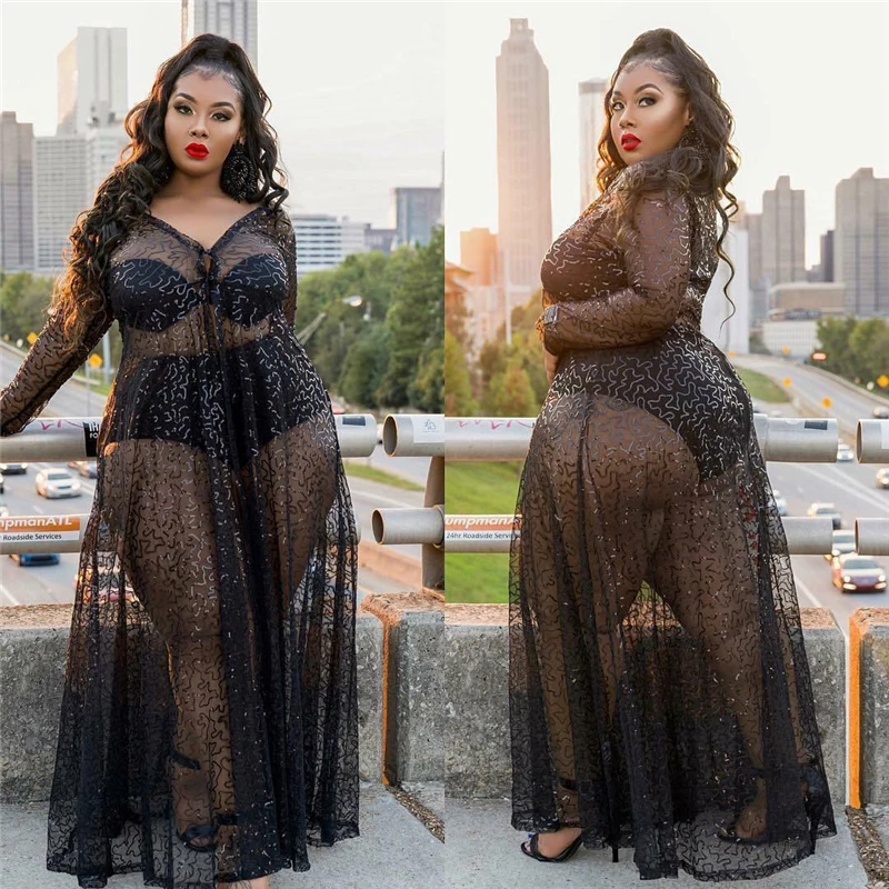 

Autumn Maxi Dresses for Women V Neck Long Sleeve Sexy Dress Night Club Transparent Plus Size Women Dress Wholesale Dropshipping